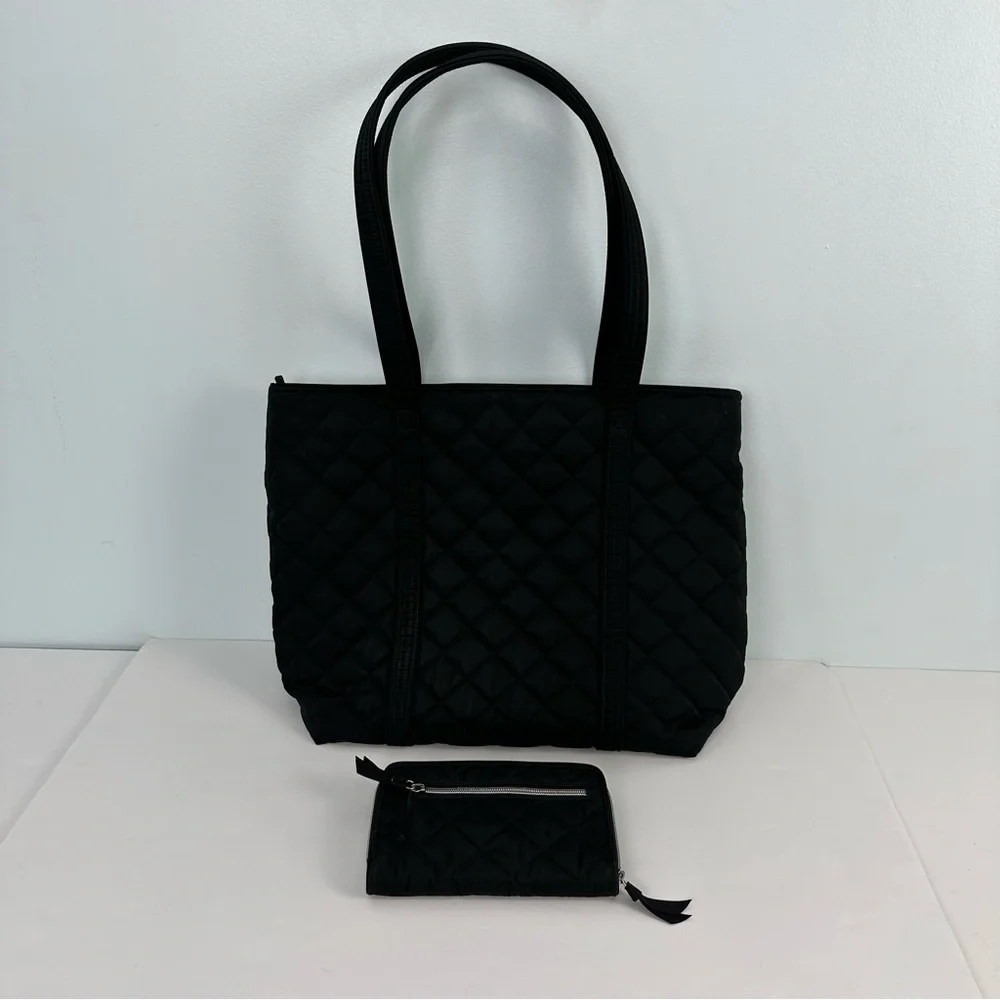 Vera Bradley Black Quilted Tote With Iconic RFID Wallet Floral Interior